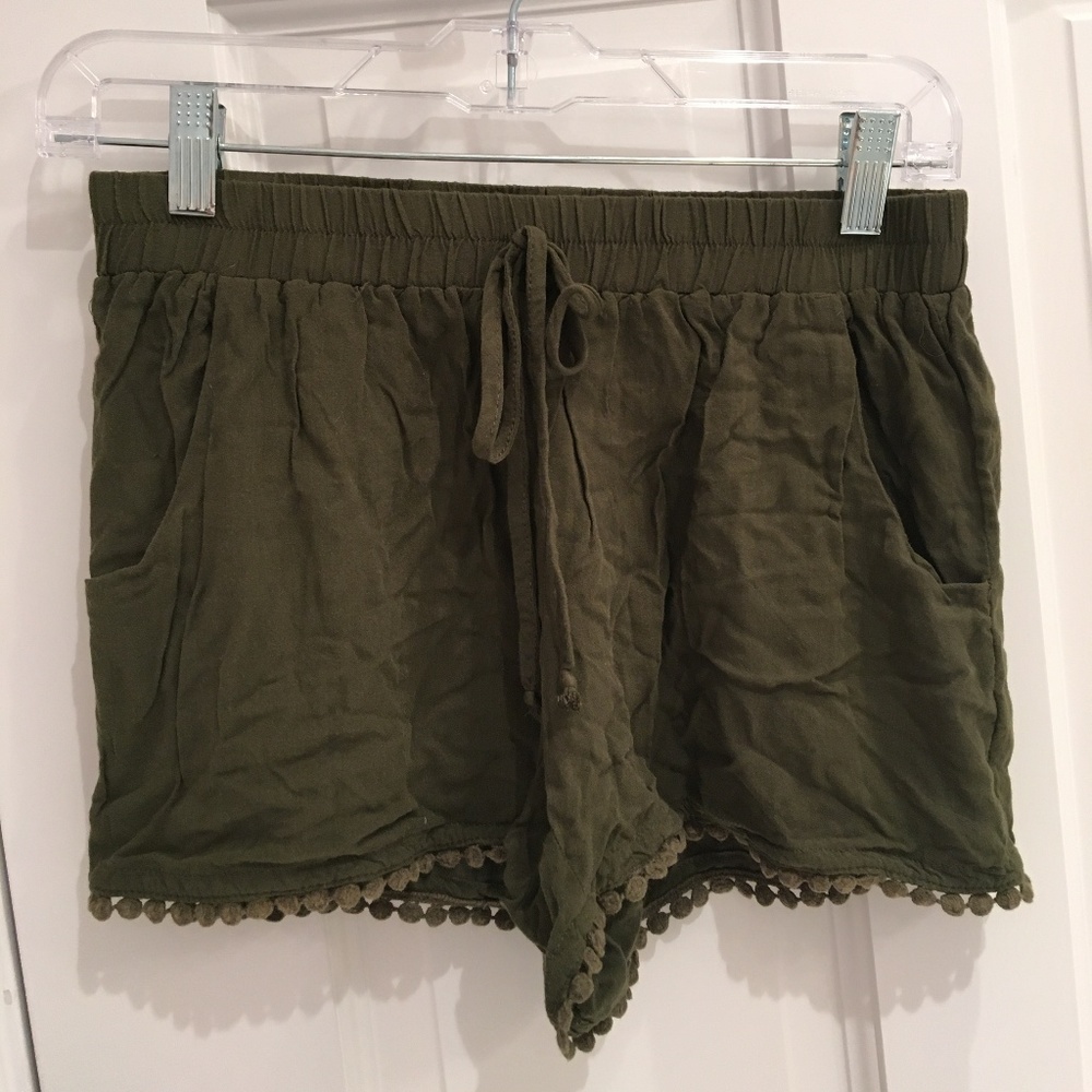 Hunter Green Soft Shorts with Pompom Trim